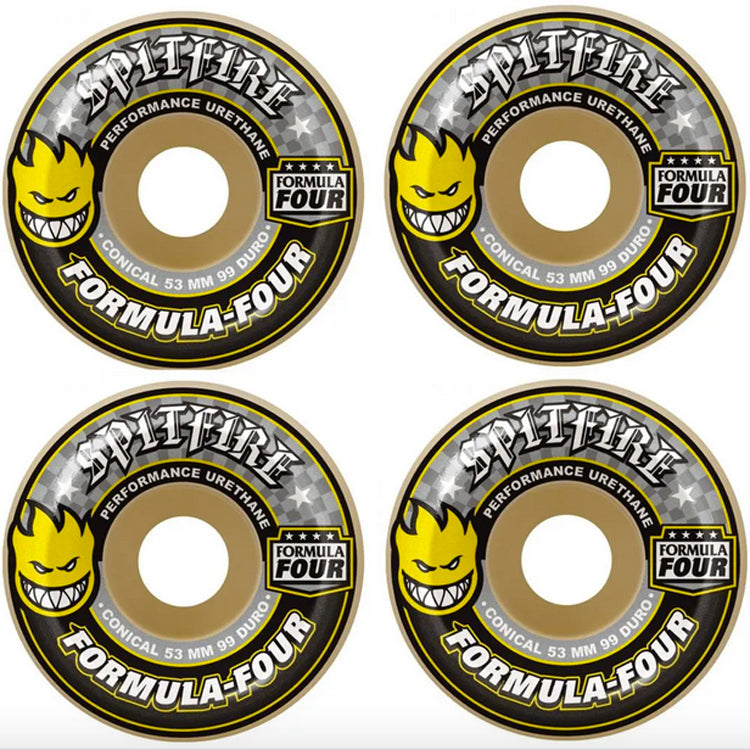 Spitfire Wheels Formula Four Conical Yellow Print Skateboard Wheels 99a 54mm